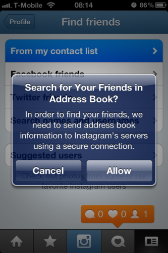Instagram 加入通訊錄前詢問用家避過私隱問題