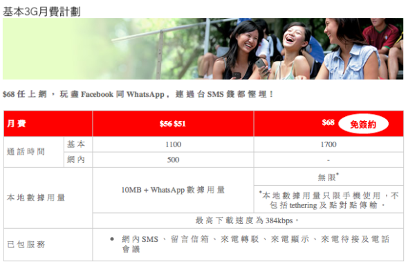 數碼通推出 3G 無限上網計劃，免簽約月費 $68，限速 384Kbps