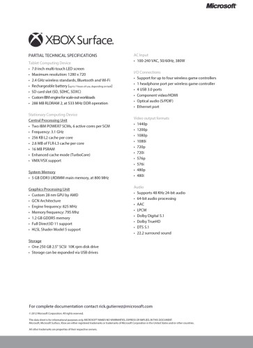 【風繼續吹】網上流出貌似 XBOX Surface 官方規格表•但貌更似下世代 XBOX 規格