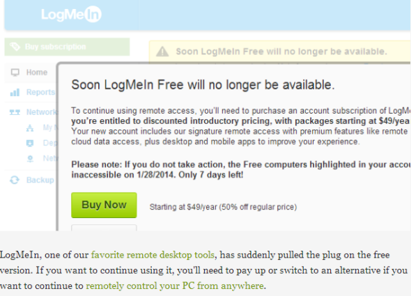 不再免費！Logmein 最後 7 天免費使用