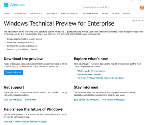 下代 Windows 命名 TH? 技術預覽版容量 4GB