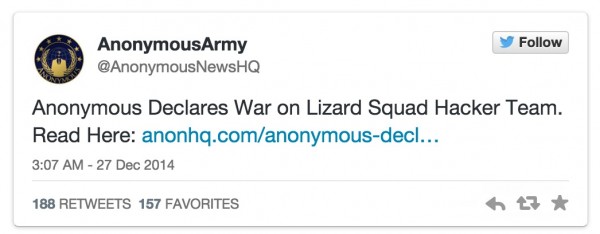 黑客組織 Anonymous 向攻擊 Xbox Live 及 PSN 的 Lizard Squad 宣戰