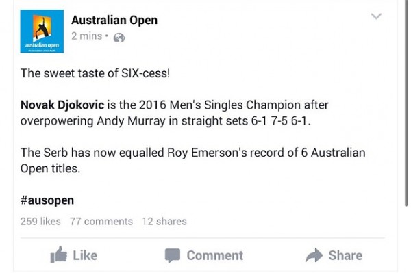 預測賽果? 澳網官方 Facebook 提前 20 分鐘宣佈冠軍