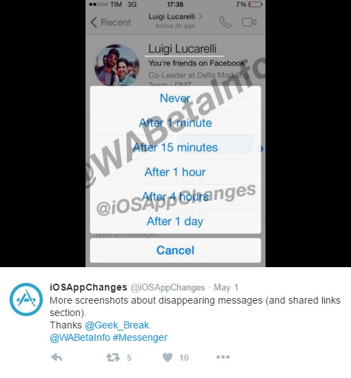 Facebook 測試自毀式 Messenger 訊息功能