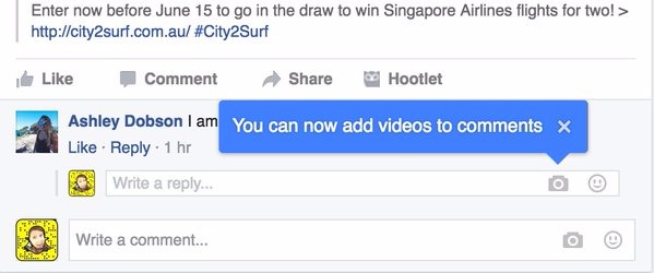 回覆欄加入視像留言  Facebook 測試新功能