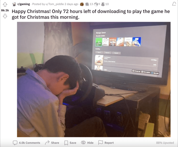 送兒子數碼版遊戲做聖誕禮物  需花 72 小時下載當場掩面哭泣