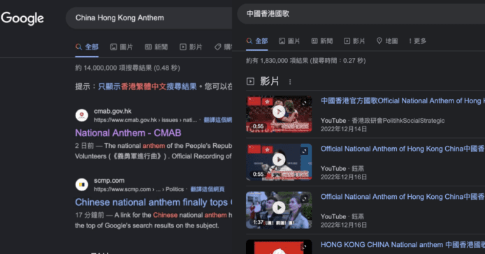 Google 搜尋「香港國歌 Hong Kong Anthem」　《義勇軍進行曲》政制局排列首位