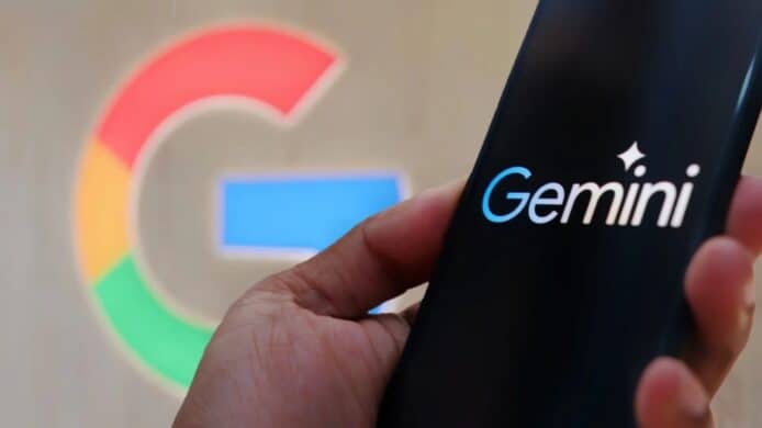Google logo with Gemini on a smartphone screen