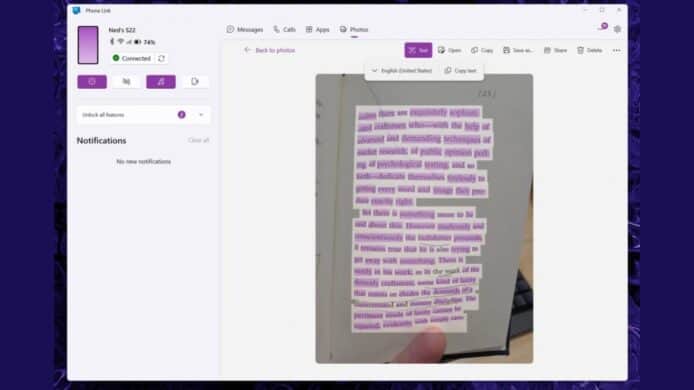 Microsoft Phone Link screenshot showing OCR function