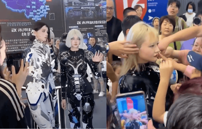 中國機械人參展商用真女人扮女機械人 　「女仿生機械人」遭入場人士亂摸