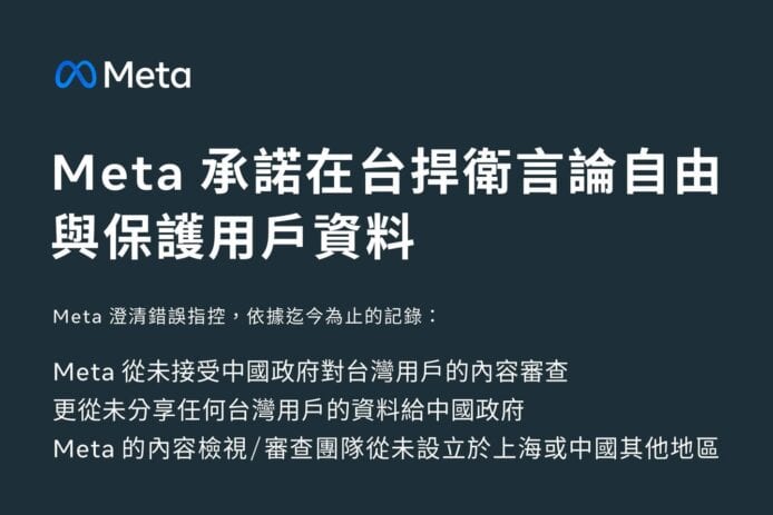 Meta 聲明在台捍衛言論自由  否認與中國合作審查港、台言論