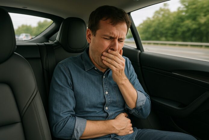 A man is sitting in the back seat of a car with his hands on his face.
