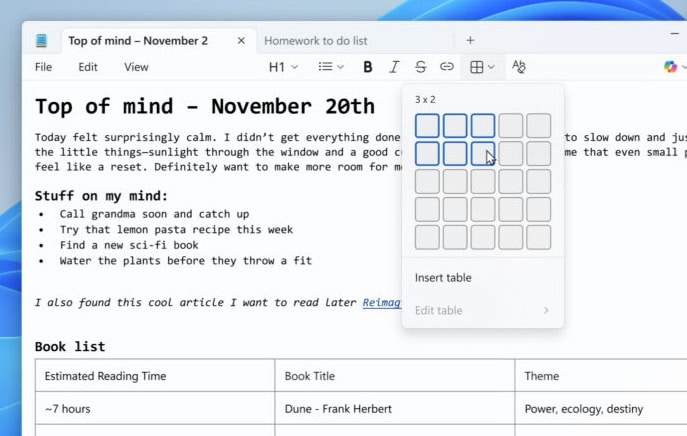 Windows 11 記事本新增表格功能   支援 Markdown 建立與編輯
